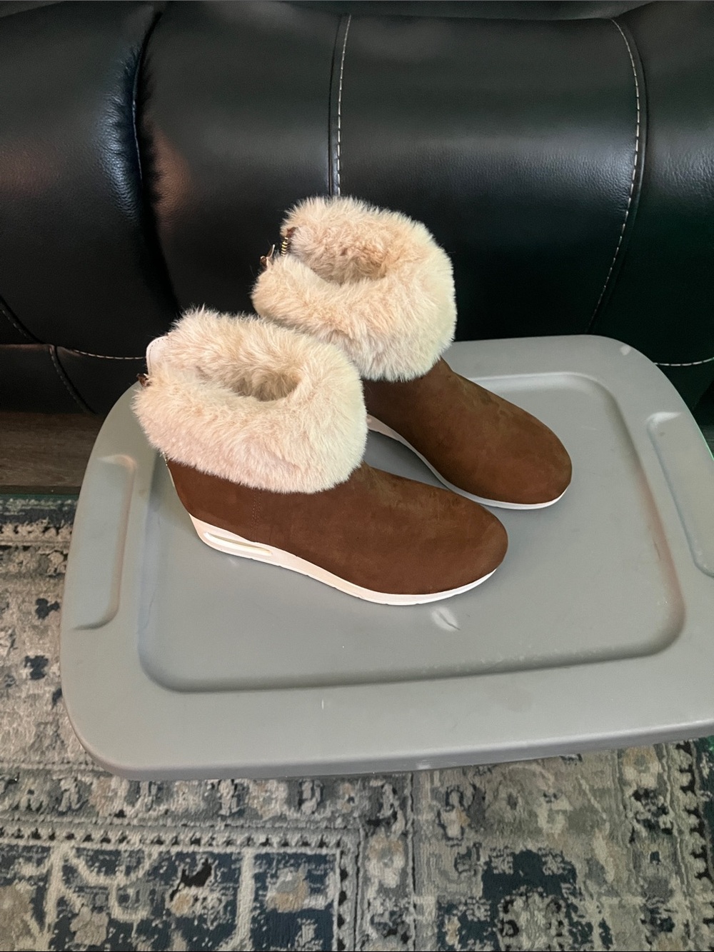 DKNY Brown Suede Wedge Slippers with Cream Faux Fur Cuff